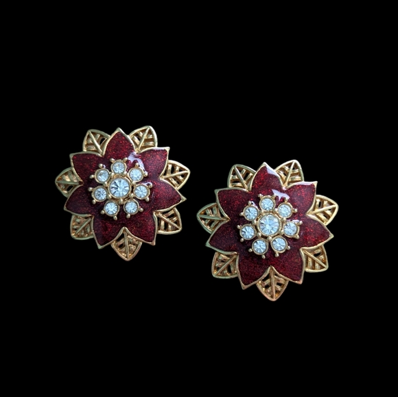 Source Unknown Jewelry - Vintage Poinsettia Clip On Earrings with Rhinestones